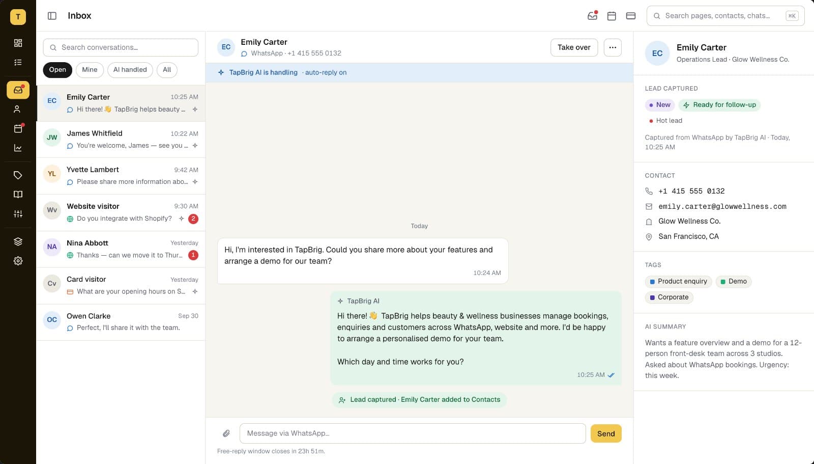 TapBrig inbox: the AI handling a WhatsApp chat on auto-reply, lead captured